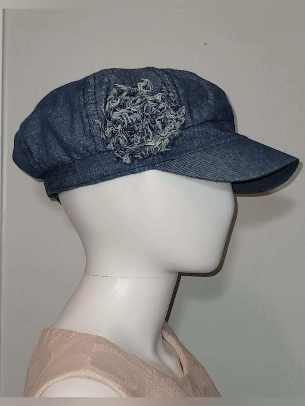 Women's Denim Newsboy Cap Distressed Flower Blue Cotton Elastic Back Hat Y2K
